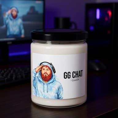 CaseOh GG Chat candle on a gaming desk in a purple-lit room, 12 oz paraffin candle in a glass jar with a black lid