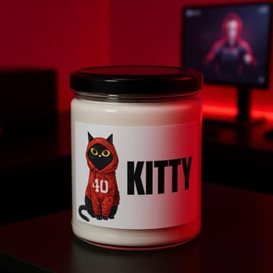 CaseOh Kitty candle on a gaming desk in a purple-lit room, 12 oz paraffin candle in a glass jar with a black lid